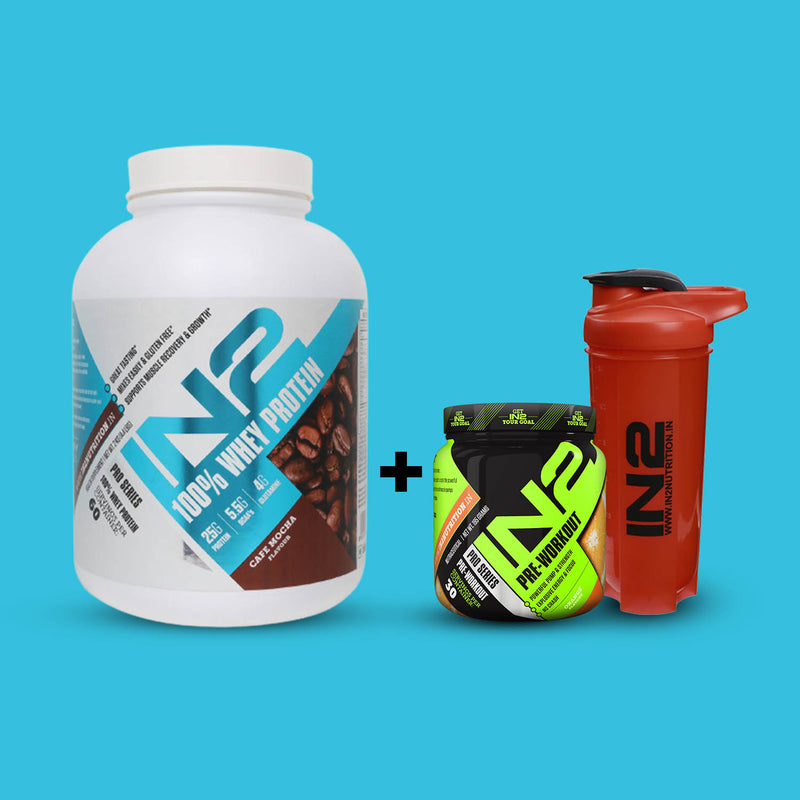 IN2 100% Whey Protein 2kg + IN2 Pre-Workout + FREE IN2 Shaker