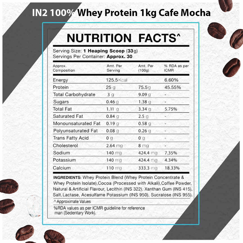 Nutrition facts IN2 100% Whey protein 1kg cafe mocha
