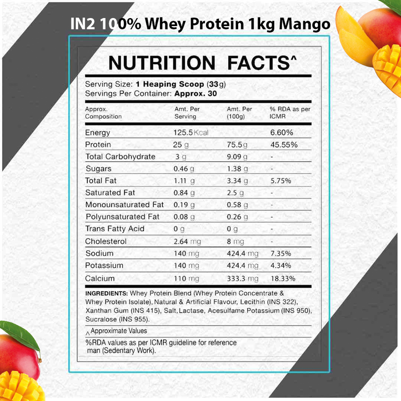 Nutrition facts IN2 100% Whey protein 1kg mango 